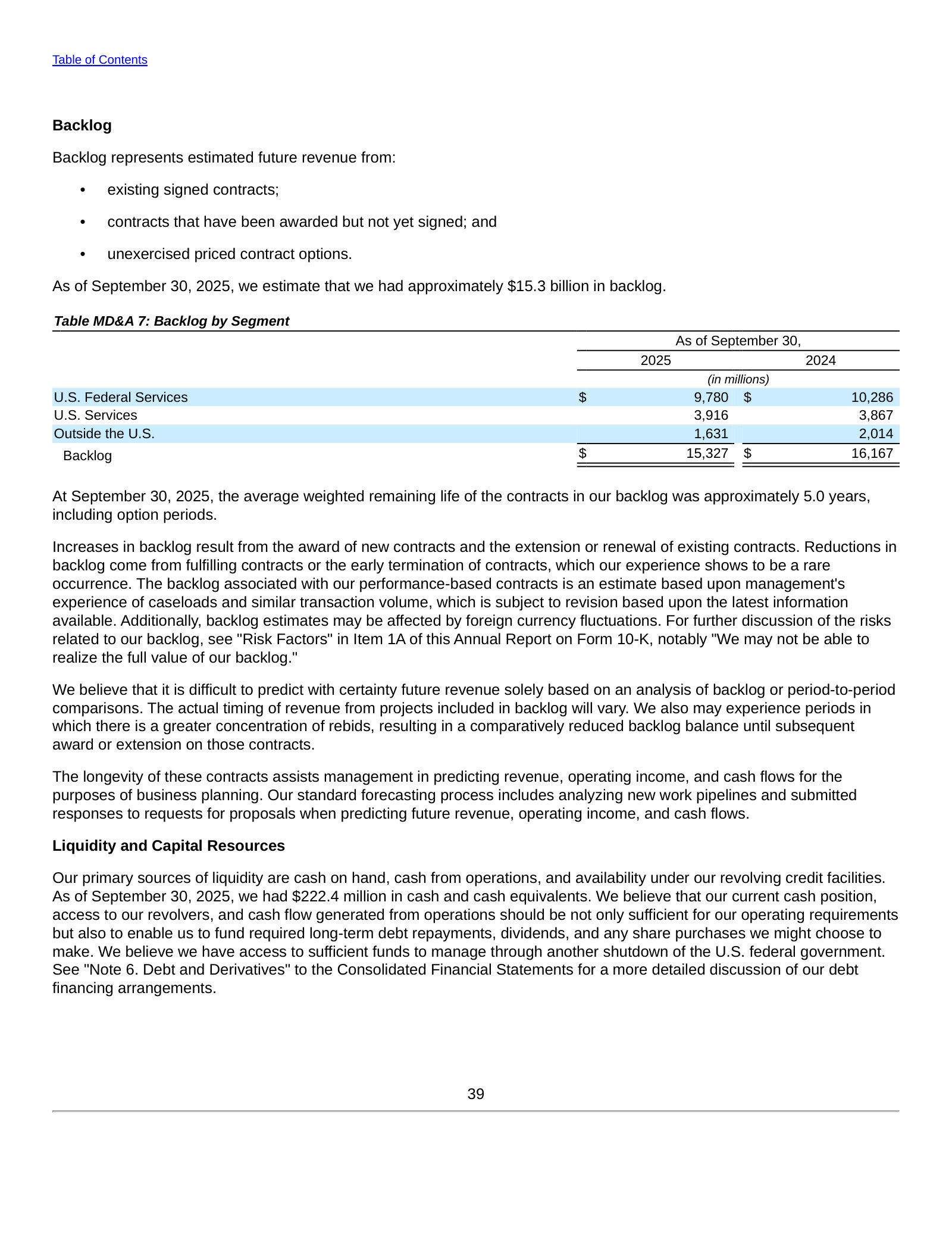 Backlog by segment — $15.3bn total at 30 Sep 2025 vs. $16.2bn a year earlier.