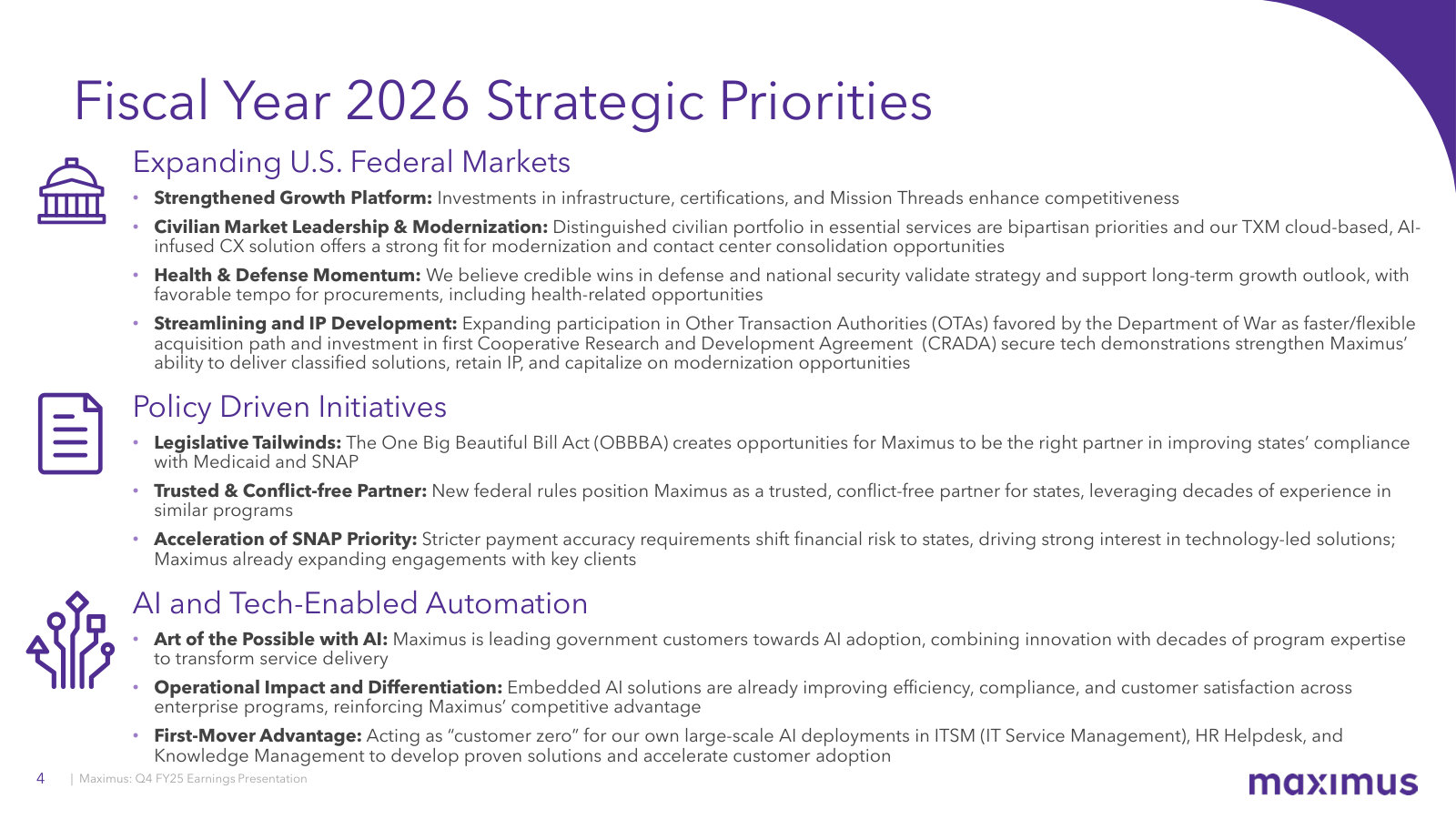 The FY2026 strategy laid out in prose — federal-market expansion, policy tailwinds (OBBBA, Medicaid, SNAP), and AI-enabled automation.