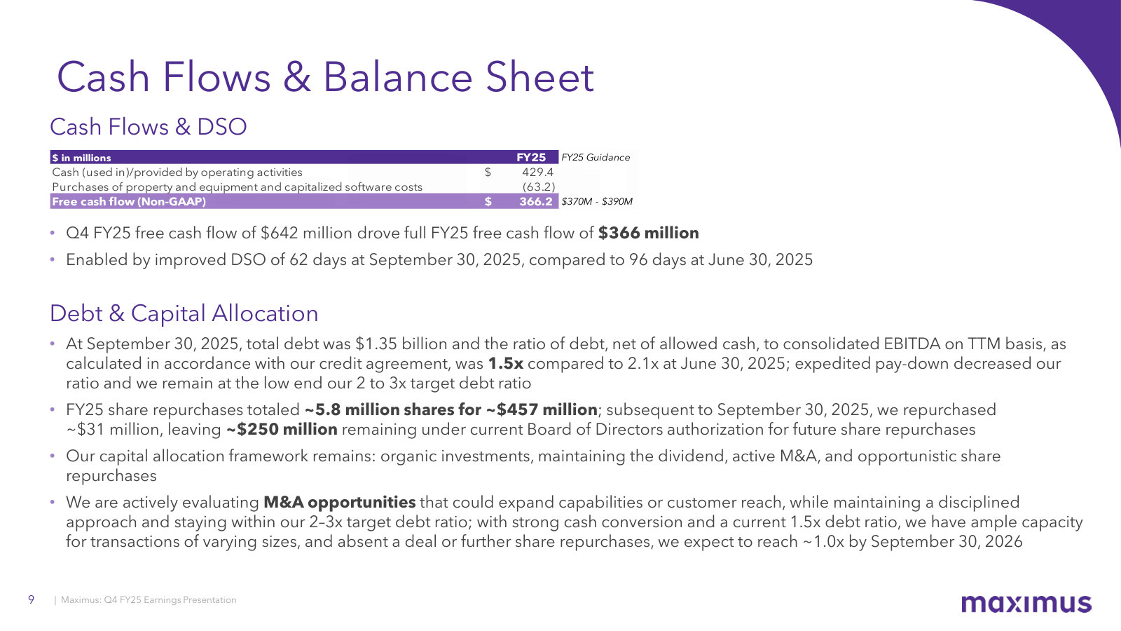 Cash generation and the balance sheet — $366M FCF, DSO down to 62 days, 1.5x leverage, and $457M of FY25 buybacks.