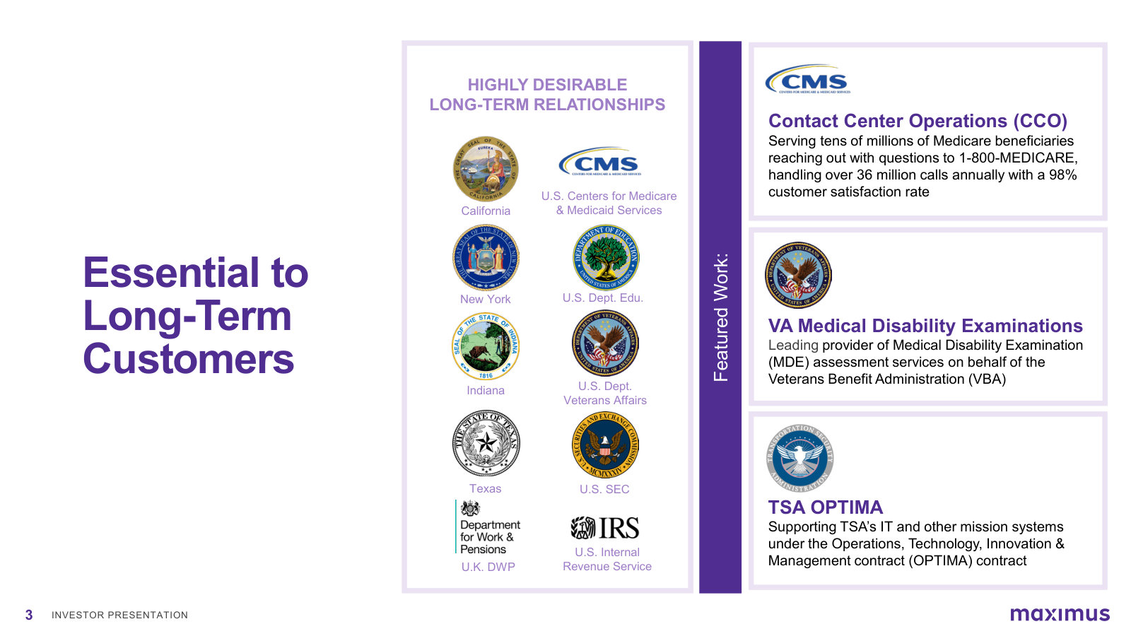 The marquee, long-tenured customers — CMS, Veterans Affairs, IRS, SEC, U.K. DWP and states — with three flagship contracts.