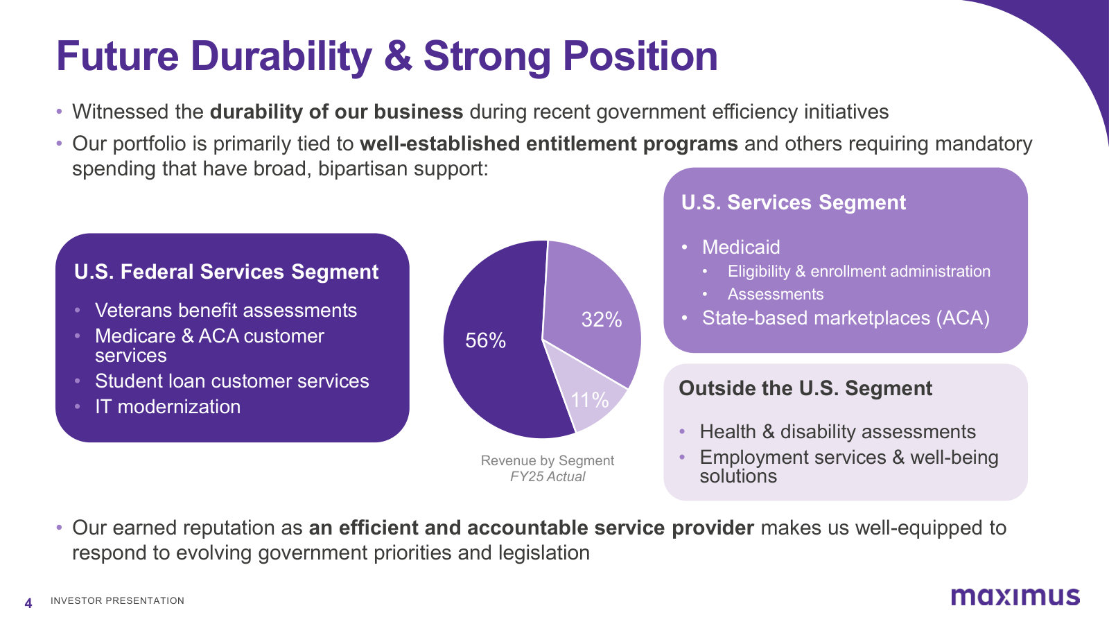 The three reporting segments and what each does, with the FY25 revenue split: Federal 56%, U.S. Services 32%, Outside the U.S. 11%.