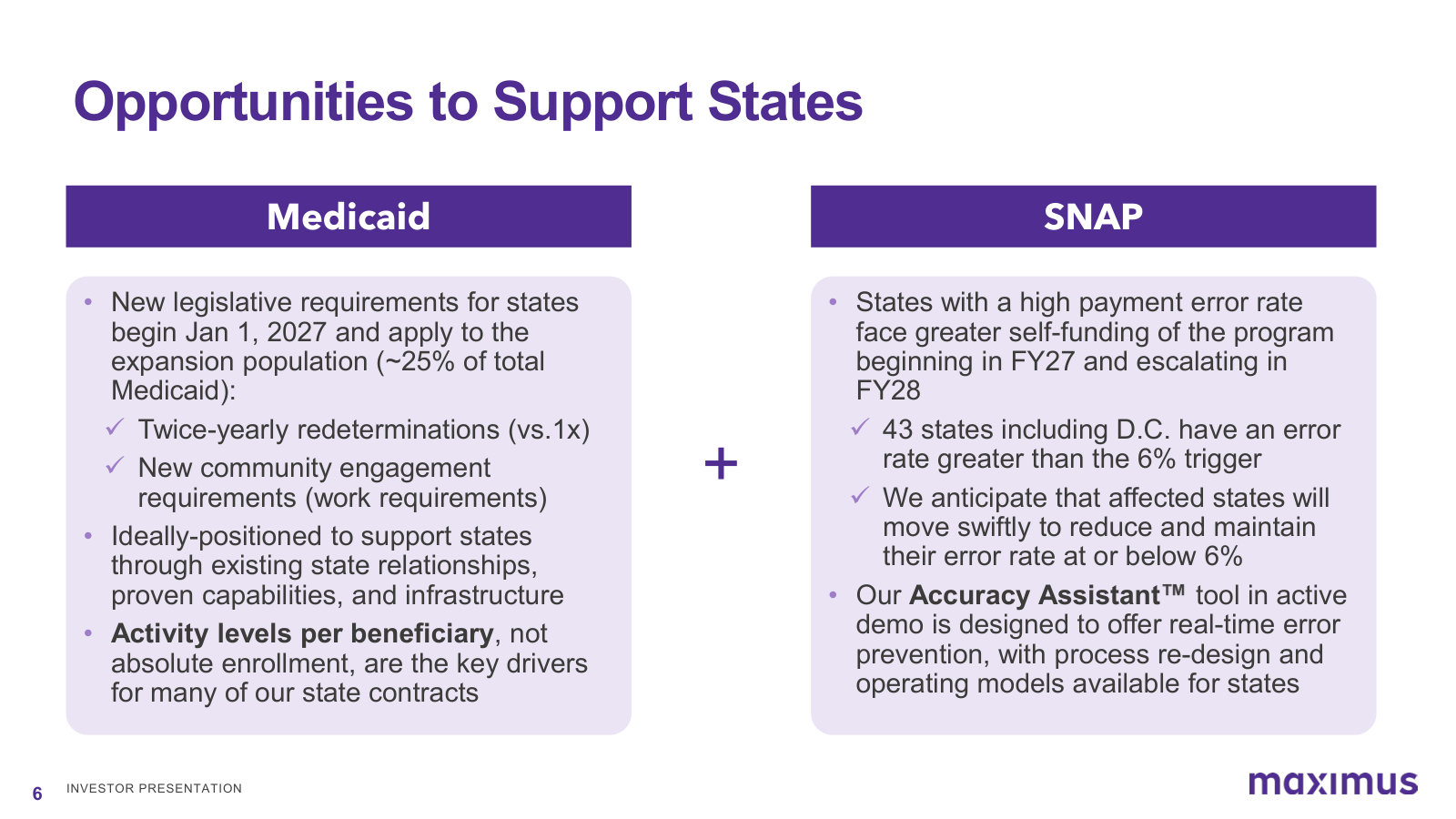 How new Medicaid and SNAP rules — twice-yearly redeterminations, work requirements, payment-accuracy penalties — create demand for Maximus.